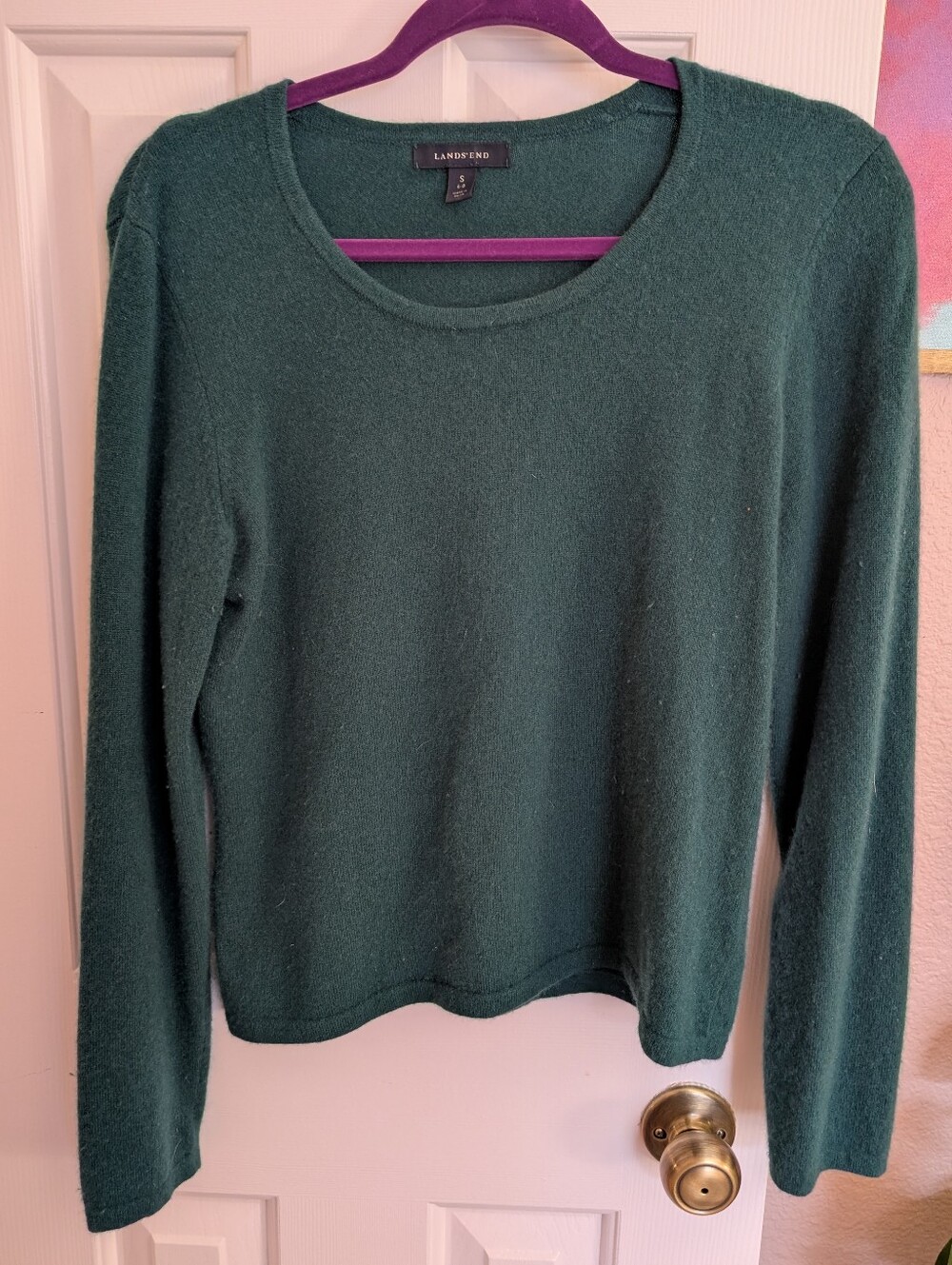 Lands End 100% Cashmere Emerald Green Crewneck Sweater Size Small 6-8